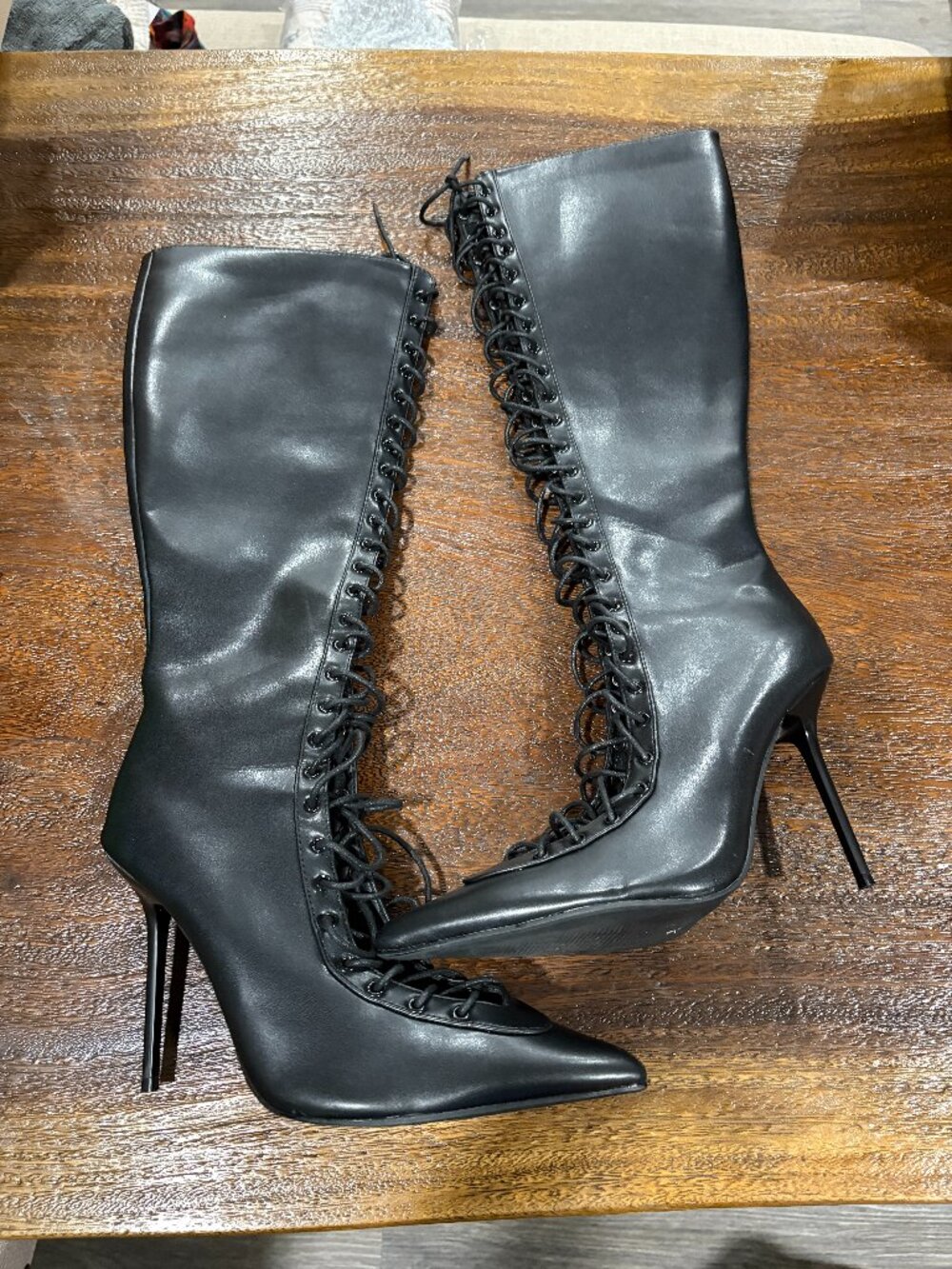 Ladies sz 11 Lace up Stilettos High Heel Boots Pointed Knee High Black